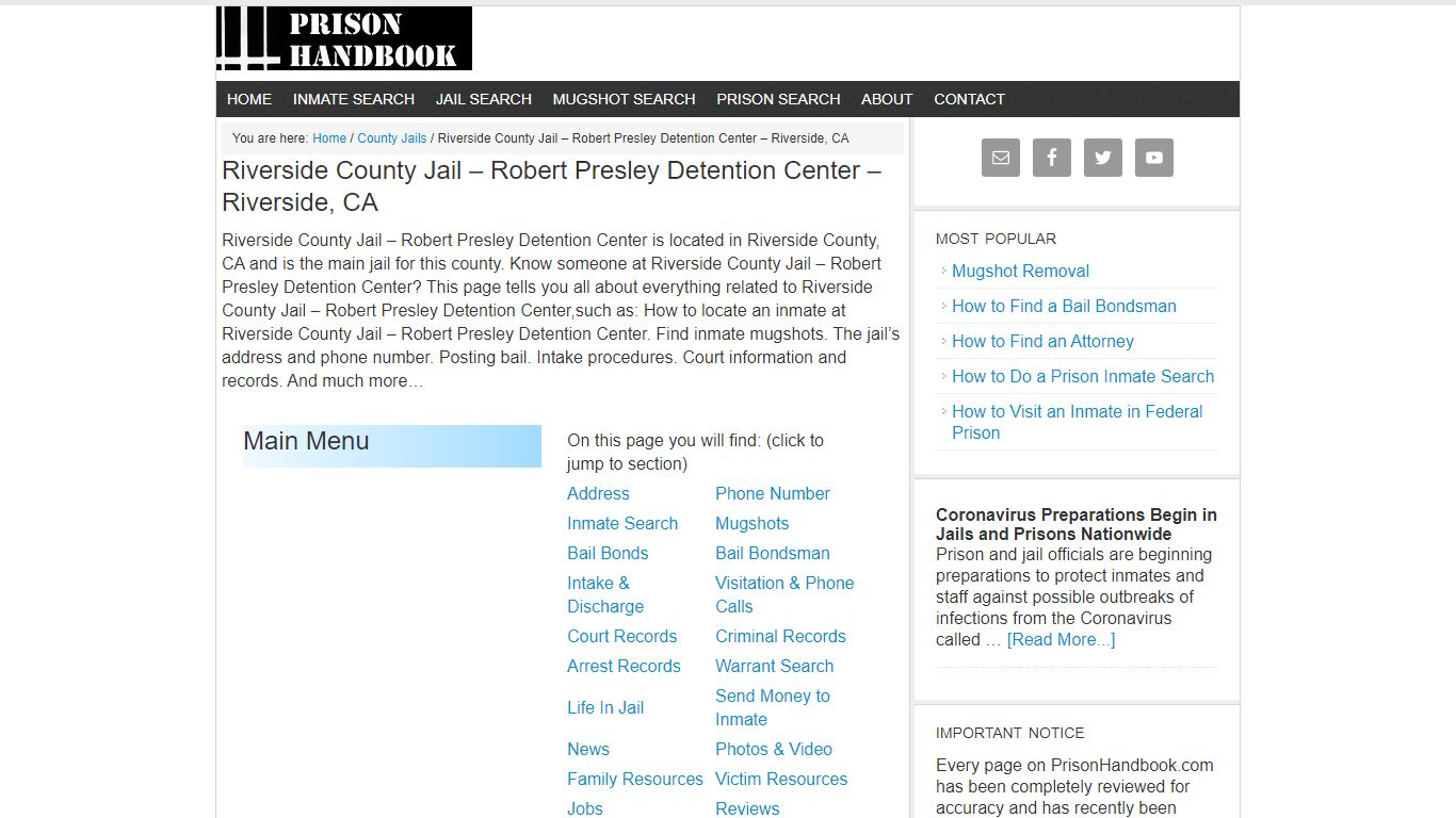 Riverside County Jail – Robert Presley Detention Center – Riverside, CA